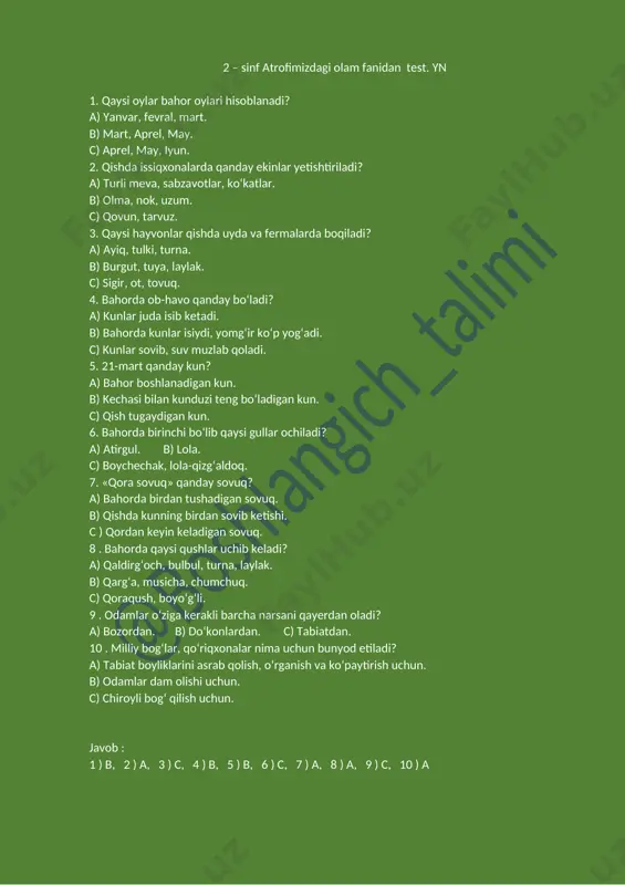 2 – sinf atrofimizdagi olam fanidan test. yn — DOCX