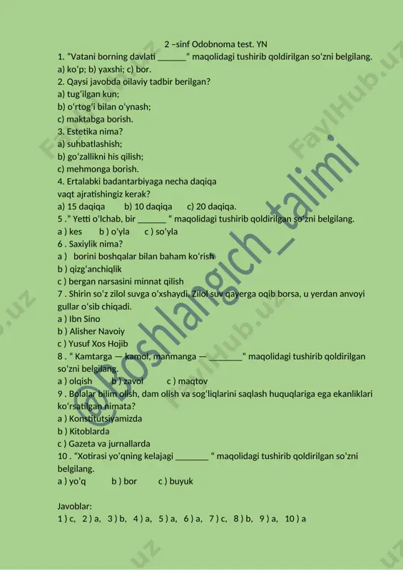 2 - sinf odobnoma test. yn — DOCX