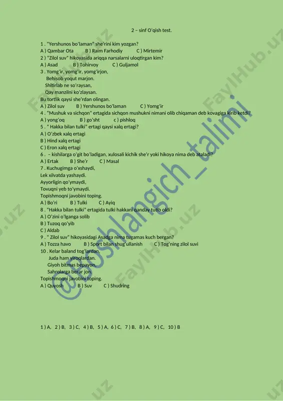2 - sinf o'qish test — DOCX