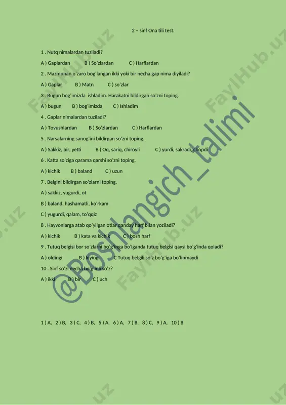 2 - sinf ona tili test — DOCX
