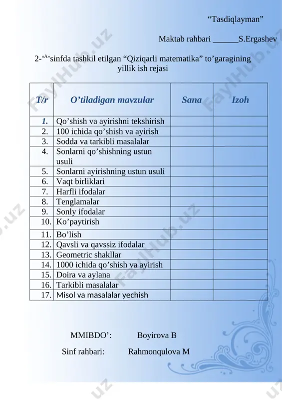 2-sinf togarak plan @yillik_konspekt kanali — DOC