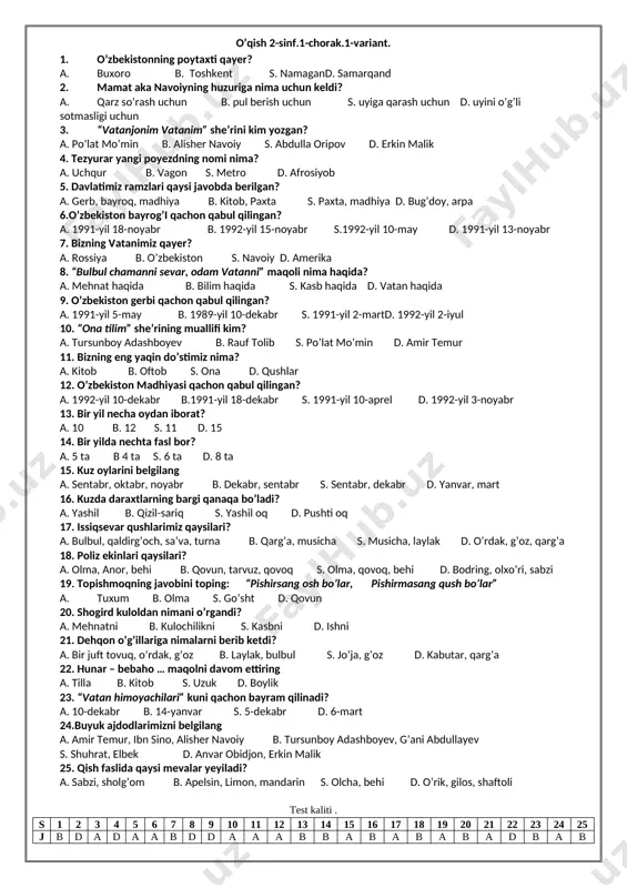 2-sinf o'qish test banki — DOCX