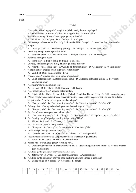 2-chorak testlari ona tili, o`qish, tabiat, matem — DOCX