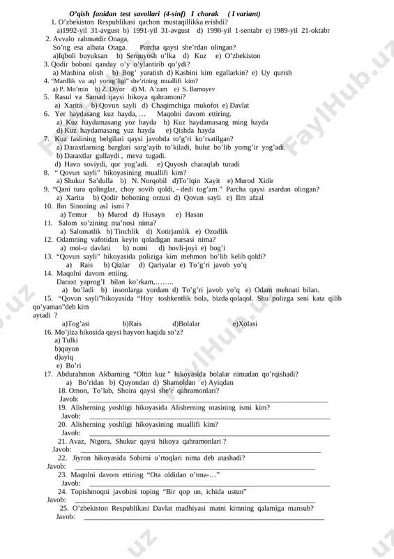 o'qish test 4-sinf 4 ta chorak 25 talik test — DOCX