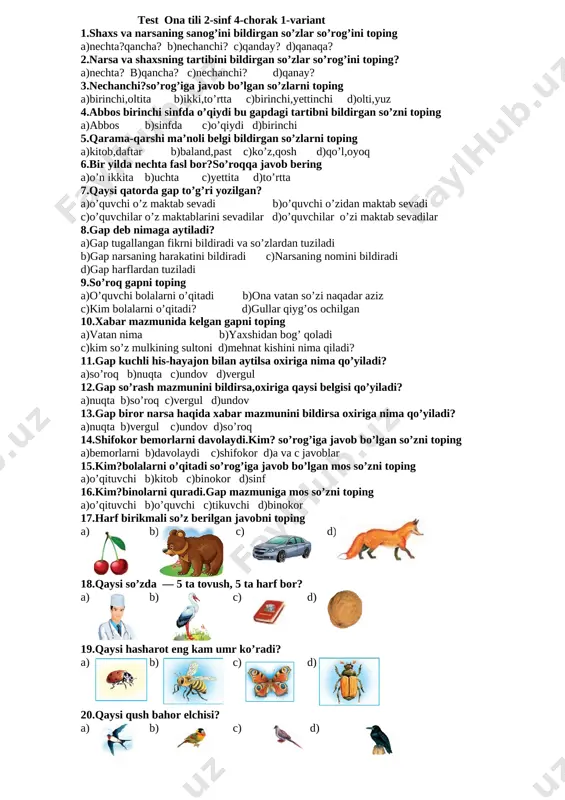 test ona tili 2-sinf 4-chorak 2019 — DOCX