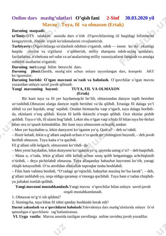 onlayn darslar konspekti boshlang'ich 2-sinf 2020-2021 — DOCX