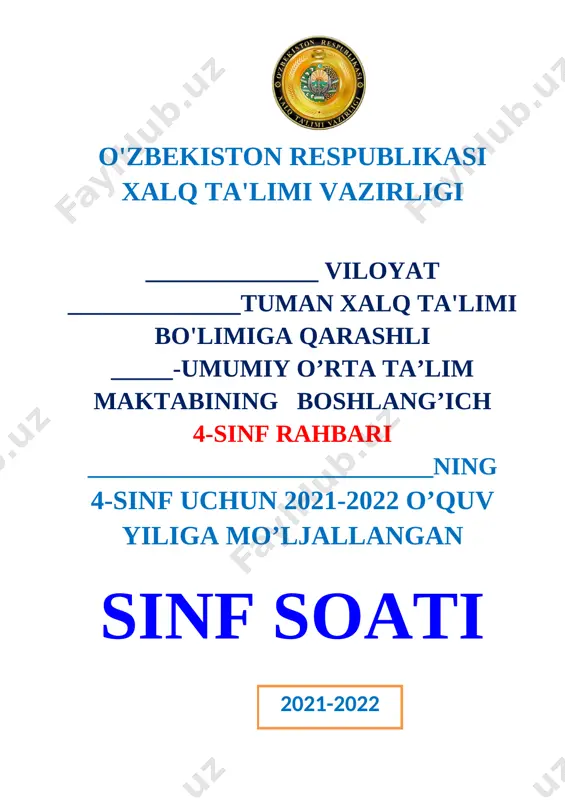 4-sinf soati 2021-2022 o'quv yili uchun xtb bulimi — DOCX