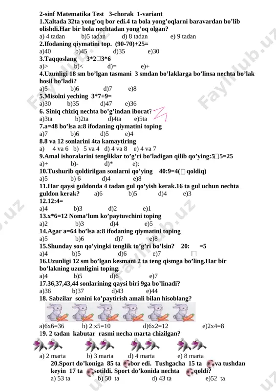 2-sinf matematika 3-chorak test 2019 — DOCX