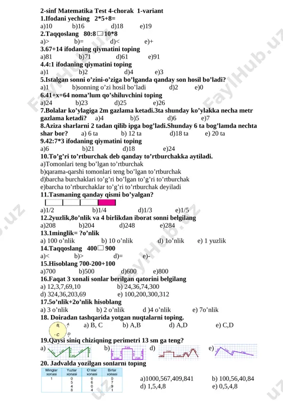 matematika test 2-sinf 4-chorak 2019 — DOCX