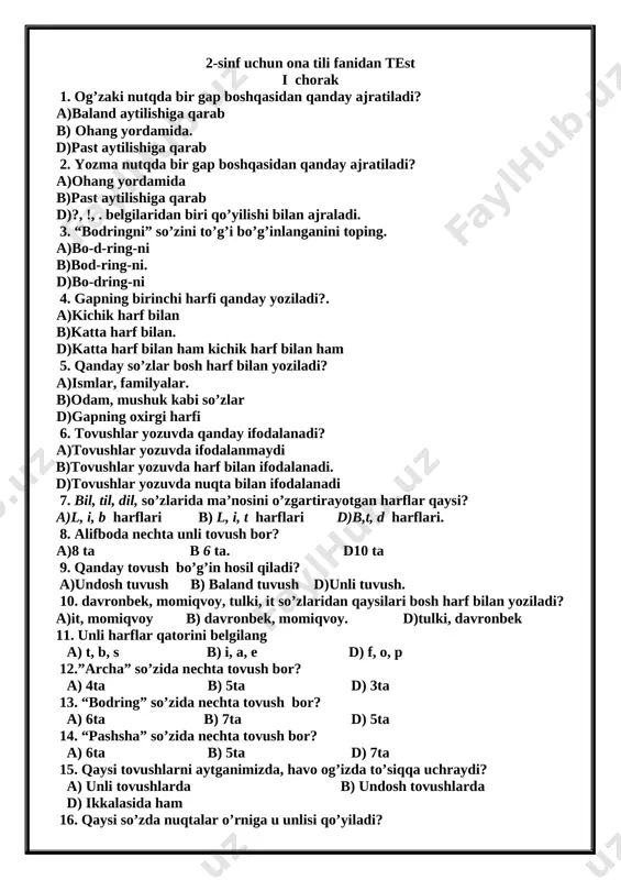 2-sinf ona tili test — DOCX