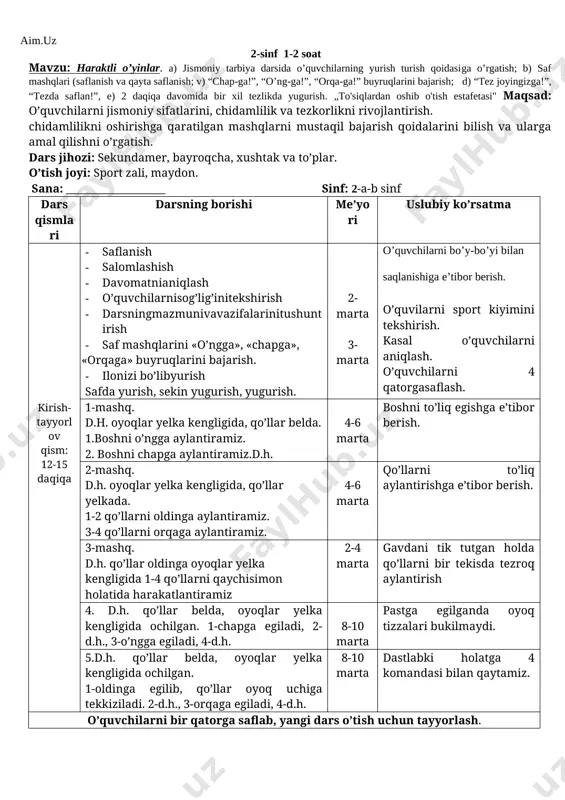 2-sinf jismoniy tarbiya kospekt — DOCX