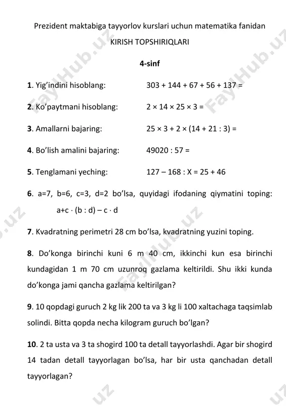 4-sinf kirish testi — PDF