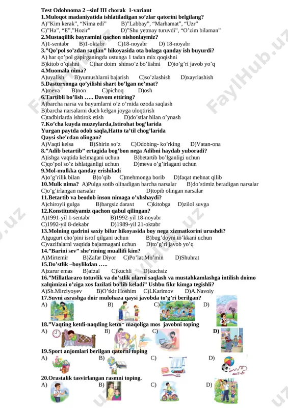 test odobnoma 2-sinf 3-chorak 2019 — DOCX