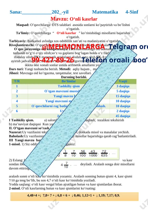 4-chorak 4-ssinf matematik konspekt 2021 — DOCX