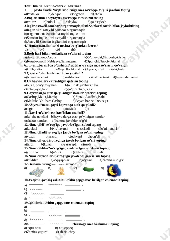 test ona tili 2 sinf 3-chorak 2019 — DOCX