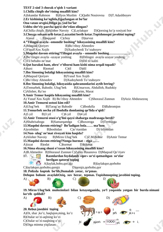 test 2 sinf o'qish 3-chorak 2019 — DOCX