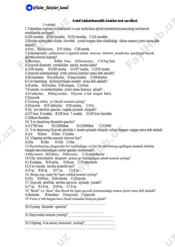 @talim_fidoiylari_kanali___4-sinf-tabiat test-savollari — PDF