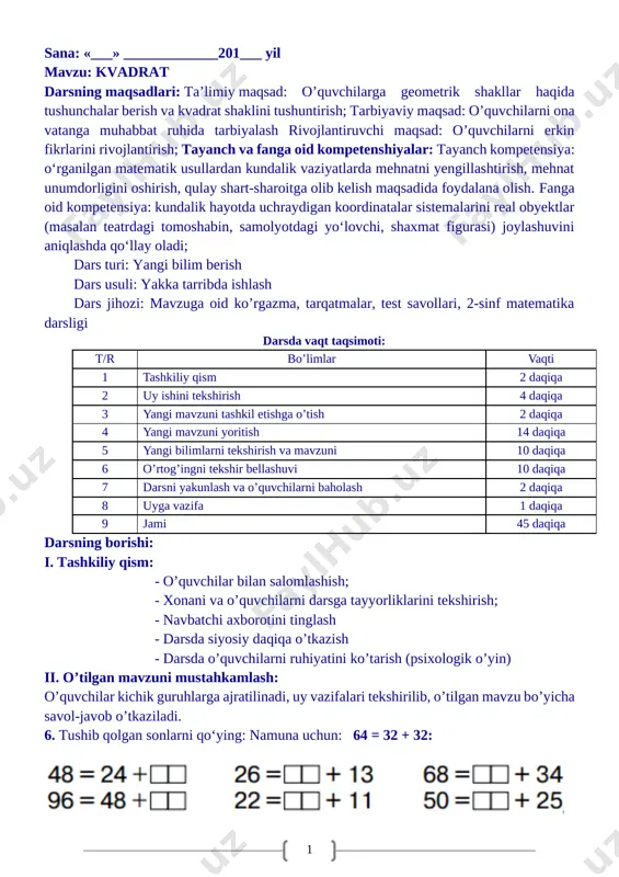 2-sinf matematika 2-chork konspekt yangi 2019 — DOCX