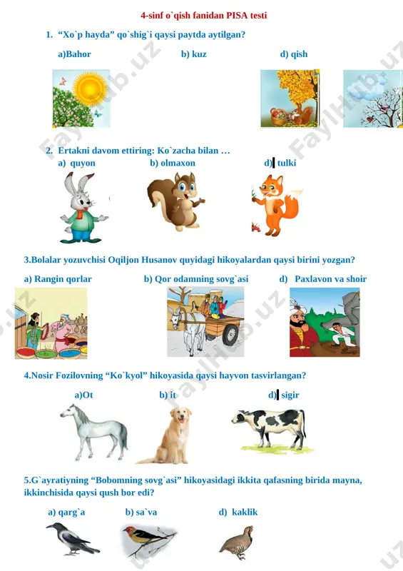 4-sinf o`qish pisa test — DOCX