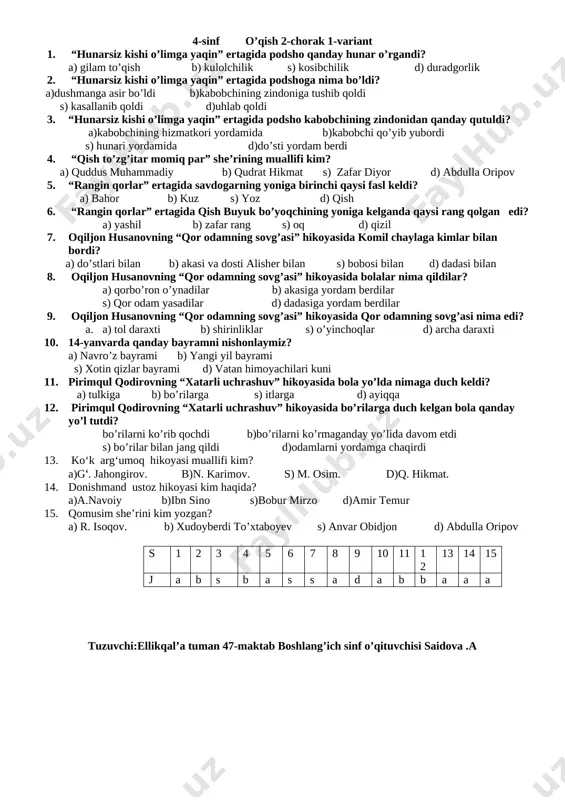 4-sinf o’qish 2-chorak 1-variant — DOCX
