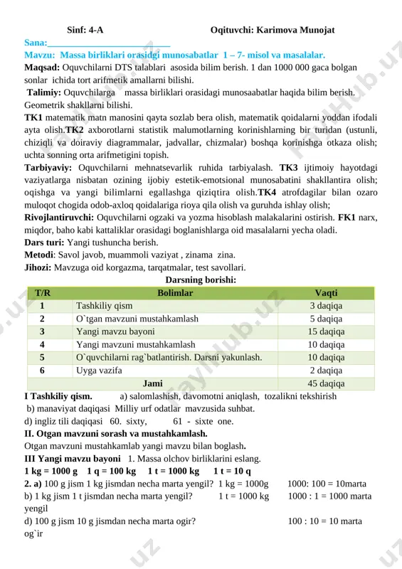 4-sinf matematika 2-chorak konspekt yangi 2020-2021 — DOC