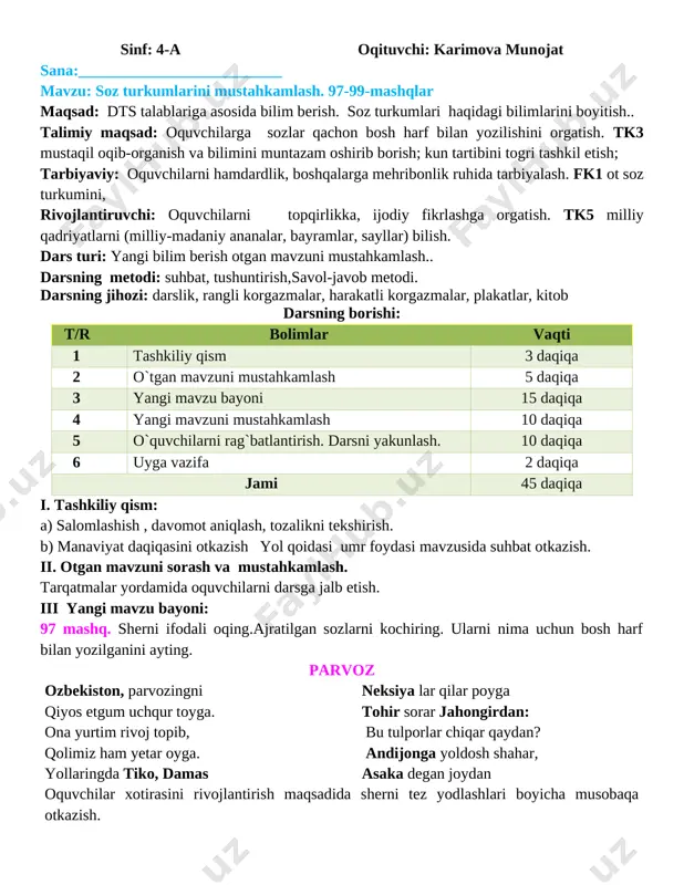 4-sinf ona tili 2-chorak konspekt yangi 2020-2021 — DOC