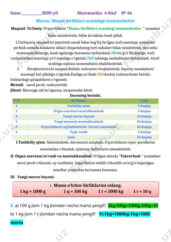 4-sinf matematika 2-chorak konspekt 2020 — DOCX