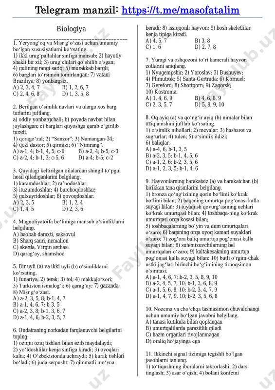 biologiya maxsus test @masofatalim — PDF