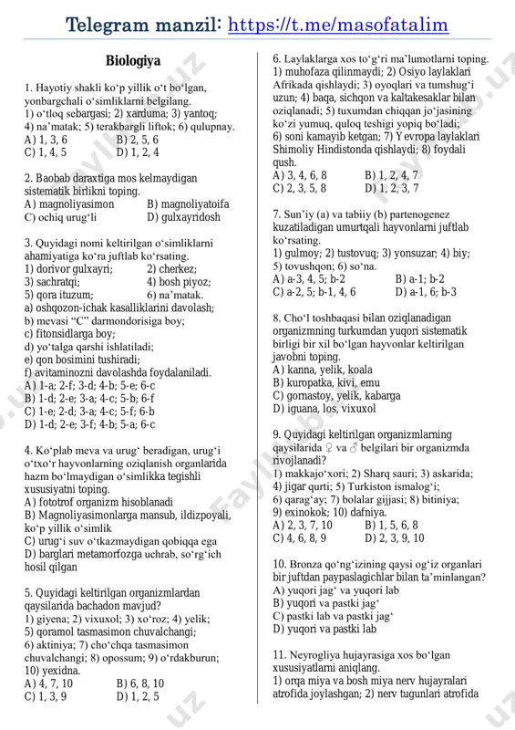 biologiya maxsus test 5-son @masofatalim — PDF