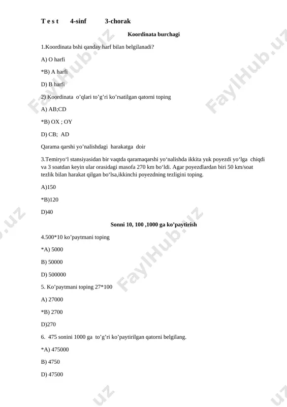 4-sint 3-chorak matematika test — DOCX