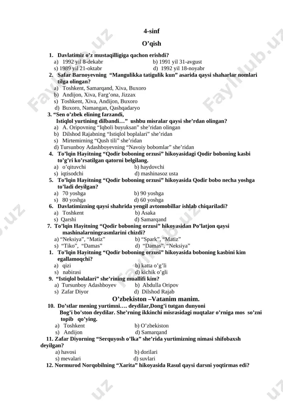 4-sinf test barcha fanlar — DOCX