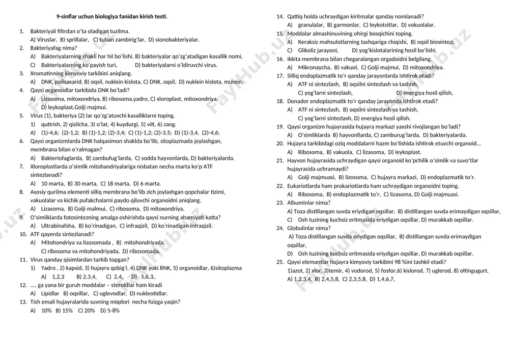 9-sinflar uchun kirish testi — DOCX