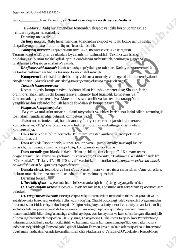 9-sinf texnologiya2019 yangidarslik bo'yicha — DOCX