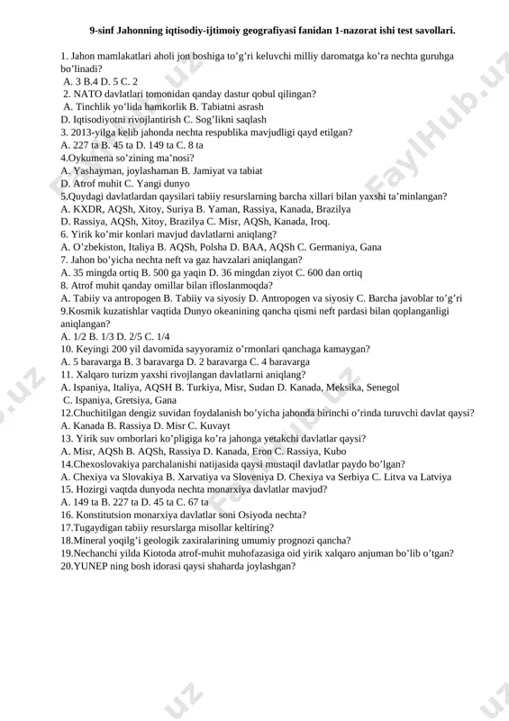 9-sinf un 1-nazorat ishi geografiya — DOCX