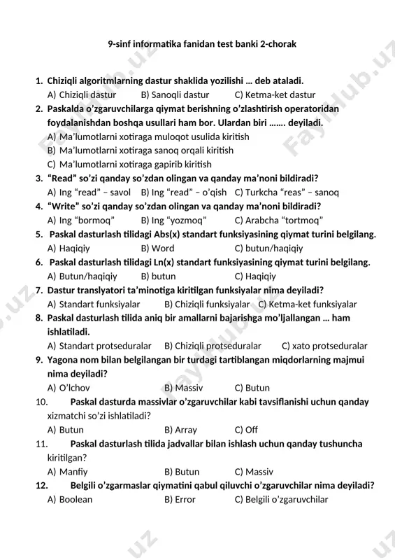 9-sinf 2-chorak test banki informatika — DOCX