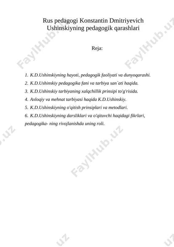 rus pedagogi konstantin dmitriyevich ushinskiyning pedagogik qarashlari — DOC