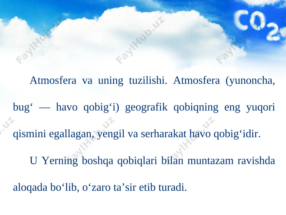 a doimiy shamollar iqlim hosil qiluvchi ikkinchi omil — atmosfera bosimi va havo massalariga bog‘liq. troposferaning bir xil xususiyatga ega bo‘lgan katta hajmdagi havolari havo massasi deb ataladi. yer yuzida ekvatorial (issiq va nam), tropik (issiq va quruq), mo‘tadil (iliq va nam), qutbiy, ya’ni arktika va antarktika (sovuq va quruq) havo massalari mavjud. bular shu ketma-ketlikda ekvatordan qutblarga tomon har ikkala yarimsharda almashinadi. uchinchi iqlim hosil qiluvchi omil — yerusti tuzilishi tabiat komplekslarining xilma-xil bo‘lishiga iqlim orqali ta’sir etadi. iqlim mintaqalari. ekvatordan qutblarga tomon issiqlikning kamayishi hamda turli kengliklarda yil bo‘yi yoki fasllar bo‘- yicha turli havo massalarining hukmronligi tufayli yer yuzida 7 ta asosiy va 6 ta oraliq iqlim mintaqalari vujudga kelgan. asosiy mintaqalarda yil bo‘yi nomlari tegishli havo tiði bilan bog‘liq bitta havo massasi hukmron. oraliq mintaqalarda havo tiðlari fasllar bo‘yicha almashib turadi (2- jadval).