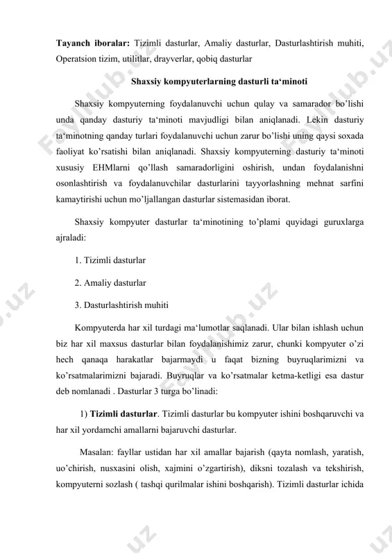 ma‘lumotlar bilan ish jarayonida foydalanadigan dasturlar. masalan: matn ma‘lumotlarni yaratish va taxrirlash, rasm va tasvir ma‘lumotlarni yaratish yoki o’zgartirish, malumotlar ombori bilan ishlash, musiqa va video ma‘lumotlarni ko’rib chiqish va taxrirlash. amaliy dasturlar foydalangan ma‘lumotlar turiga ko’ra guruhlanadi: matn muharrirlari (word, lexicon, wd, notepad, write va xokazo), rasm va tasvir muharirlari, rasm va tasvirlarni ko’rsatuvchi dasturlar (corel, adobe photoshop, imaging, acdsee, paint vaxokazo), musiqa va video muharrirlari, musiqa va video ko’rsatuvchi dasturlar (adobe premier, winamp, universal proigrovatel va xokazo), jadvallar muharriri (lotus, excel va xokazo), ma‘lumotlar ombori bilan ishlovchi dasturlar (access, dbase, foxpro va xokazo), o’yin dasturlari, o’rgatuvchi dasturlar, bugalteriya va moliya dasturlar, va boshqalar. 3) dasturlashtirish muhiti (yoki instrumental dasturlar). instumental dasturlar bu yangi dasturlar yaratuvchi dasturlar tizimlari. instrumental dasturlaga maxsus dasturlash tillari bilan ishlaydigan dasturlar tizimlari kiradi. ular dasturlash tiliga ko’ra farqlanadi: s, basic, c++, delphi, va boshqalar. bu dasturlar tizimlar o’ziga bir nechta dasturni jamlagan bo’lib bo’lar: …