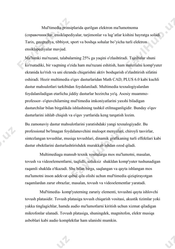 tizimlar yoki yakka tinglagichlar, hamda audio ma'lumotlarni kiritish uchun xizmat qiladigan mikrofonlar ulanadi. tovush platasiga, shuningdek, magnitofon, elektr musiqa asboblari kabi audio komplektlar ham ulanishi mumkin. video bilan to’laqonli ishlash uchun video ma’lumotnikomp’yuterga mos shaklga va asliga qaytaruvchi moslama video karta zarur. unga videokamera, videomagnitofon va televizor kabi moslamalar ulanishi mumkin. ammo, videoshakllarini komp’yurerga qayta ishlash bilan odatda tor doiradagi mutaxassislar shig’ullanadi xolis. aksariat foydalanuvchilar uchun video elementlarni monitorda ifodalay olish etarli bo’ladi. shunday masalani hal etish uchun har qanday zamonaviy komp’yuterda mavjud bo’lgan videoadabter va monitor etarlidir. tovushli (audio)va ayniqsa video malumotni komp’yuterga saqlash uchun taqqoslanganda nihoyatta kichik sig’imlar paydo bo’ladi. shu bois multimedia sifatiga ega bo’lgan dasturiy maxsulotlar (o’quv qo’llanmalari, spravochnik ensiklapediya hordiq chiqarishga mo’ljallangan turli fdasturlar) osdatda kompakt disklarda tarqatiladi. bunday maxsulotlardan foydalana olishimiz uchun cd rom deb ataladigan jamlovchi zarur bo’ladi. u bo’lmasa kompyuterni muhokama etilayotgan ma’nodagi imkoniyatlari komp’yuter o’yinlari bilan chegaraladi. cd rom deb atalmish …