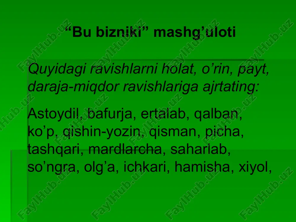 r narsa bordir, ko‘rmaganlar doim humordir. amu bilan sirdan suv ichgan, zarafshonni loylatib kechgan, chavandozlar bordir bu elda. bahor chog‘i pishqirgan selda, arg‘umoqlar qo‘shig‘i bordir: bu shundayin ajib diyordir. . dalasida o‘smas tikanlar, cho‘llarida chopmas ilonlar; qush uchganda kuymas qanoti, odam o‘tsa qurimas zoti. chanqov qolib yo‘lovchi o‘lmas, har burchakda boshkesar bo‘lmas. kulbalarni kelib bosmas qum, go‘daklarni yutmas och o‘lim odamga baxt va tole` yordir – bu shundayin ajib diyordir. bunda bulbul kitob o‘qiydi, bunda qurtlar ipak to‘qiydi, bunda ari keltiradi bol, bunda qushlar topadi iqbol bunda qorning taglarida qish bahor uchun so‘ylaydi olqish. bir o‘lkaki husnga boydir, uning eng zo‘r ko‘zgusi oydir; bir parcha o‘t bo‘lib bunda kun paxtasiga ishlaydi har kun. botirlari kanal qazadi, shoirlari g‘azal yozadi, kuychilari o‘qiydi yalla, juvonlari aytadi alla, pazandasi yopadi shirmon, qarilari kutadi mehmon. bu shundayin ajib diyordir. shuning uchun tinchdir ul ko‘ngil, shuning uchun osoyishdir ul. . shuning uchun somonda yotmas, shuning …