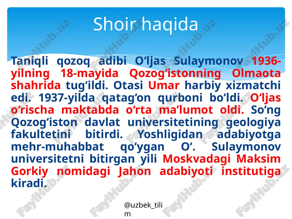 n-ustin bo‘lsin yer. “arg‘umoq” she’ri (azim suyun tarjimasi) @uzbek_tilim „bismilloh! o‘zimni unutgayman olis yo‘lga tushganda, jang-jadaldan to‘yganman, aytsam, ko‘pdir ozorim, egarda tug‘ilgandim, o‘lmoqdaman kishanda, tongda meni it kabi qiladilar sazoyi. horib terlagan otning hidini unutgayman, so‘g‘ishlar urhosini unutgayman zindonda. tongda jismim burdalab, alangaga tutgaylar, shon-shuhratin yo‘qotgay boshim bunday vidoda. unutgayman xotinlarning titrab-qaqshab turganin, yalang‘och qilichdaydim, zang bosadi tig‘imni. chalajon bir ilonday tomog‘imda yuragim. “mambet botirning qatl oldidan aytganlari” she’ri (shavkat rahmon tarjimasi) @uzbek_tilim sen — asalsan go‘yo, esladimmi — tishlar sirqirar, sen — bir hazil, ki dastingdan yurak zirqirar. men faqirman, kim ham xafa qilardi! do‘zax ko‘rdim, endi jannat istar dil. eh, nechun boshqalar seni sevadir, sevmagin, o‘, ular odammas axir. kishnaydi, kishnab yo‘q qilar, ular odam emas, ular – ayg‘irlar! “tungi taqqoslar” she’ri (sirojiddin sayyid tarjimasi) @uzbek_tilim @uzbek_tilim foydalanilgan adabiyot: adabiyot: umumiy o‘rta ta’lim maktablarining 9-sinfi uchun darslik. qayta ishlangan 4-nashri. /qozoqboy yo‘ldoshev, valijon qodirov, jalolbek yo‘ldoshbekov; [mas’ul muharrir: …