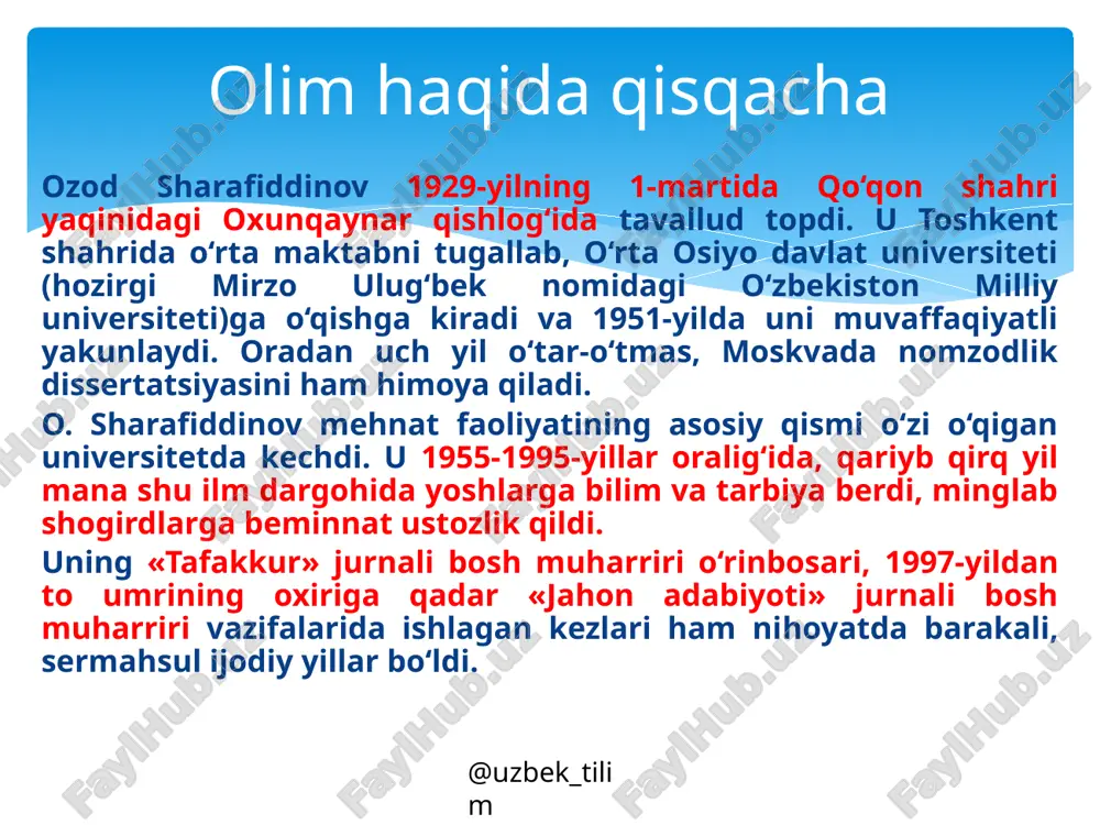 omlaning farzandlariga aytgan so‘nggi so‘zlari ham avlodlarga bir vasiyatdek yangrab qoldi: «kitoblarimni asranglar, mening eng katta boyligim mana shu kitoblar edi...» @uzbek_tilim vatan. vatan tuyg‘usi. vatan muhabbati. nimadir bular? bular qanday sehrli qudratki, hali voyaga yetmagan, dunyo ko‘rmagan, turmushning past-balandlaridan bexabar, o‘yin-u sho‘xliklardan o‘zga dardi yo‘q bir o‘smirning yuragiga jo bo‘lib olib, butun umr uning xatti-harakatini, yurish-turishini boshqarib turadi? bu tuyg‘u inson farzandida tug‘ma bo‘larmikin? yoki go‘dak tamshana-tamshana onasini emganida, ona suti bilan birga bu tuyg‘u uning ham tomirlariga yugurarmikin? “o‘lsam, ayrilmasman quchoqlaringdan” maqolasi @uzbek_tilim shuning uchun men «o‘lsam, ayrilmasman quchoqlaringdan» deya bot-bot takrorlaganimda bilamanki, men vatanimga kerakman. kimligimdan, yosh-u qariligimdan, kasb-u korimdan qat’i nazar. bilamanki, mensiz vatanimning nimasidir kemtik, noto‘kis bo‘lib qoladi. ayni chog‘da, shuni ham bilamanki, vatanim menga ko‘proq kerak. vatan mensiz yashashi mumkin, lekin men vatansiz yashayolmayman! rost-da! men yetmishga kirib, umrimda nimaiki ro‘shnolik ko‘rgan bo‘lsam, shu vatanning bag‘rida uning saxovati tufayli, «bir mehribon qo‘l» bilan peshonamni …