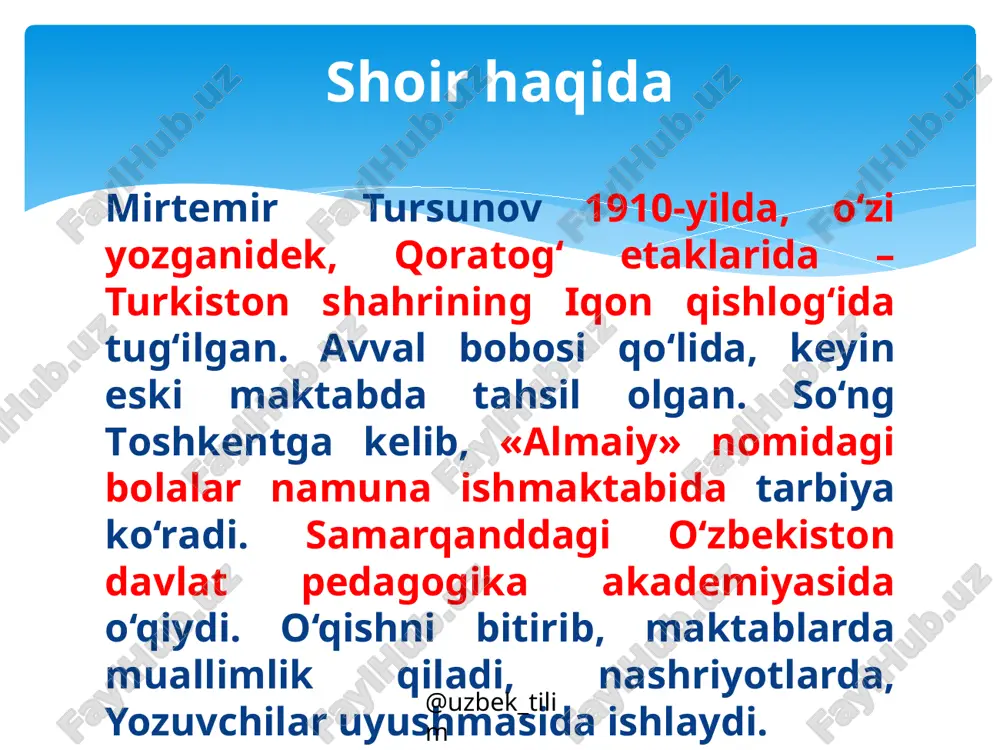 ag‘a bulut – oq bulut, oq bulutdan sut yog‘armi yoki qut? pag‘a bulut – yaxshi ko‘klam elchisi, havolarda yomg‘ir isi, sel isi... ko‘k yuzida dam qaldiroq, dam sukut, yog‘may o‘tma, pag‘a bulut – oq bulut! yog‘ib o‘tsang – tizza bo‘yi o‘t bo‘lur, o‘t bo‘lur, ham sut bo‘lur, ham qut bo‘lur. “bulut” she’ridan @uzbek_tilim bizning qishloq tog‘ bag‘rida, tog‘ bag‘rida – bog‘ bag‘rida, etagida chopqillar soy. yozda tiniq, kuzda tiniq, suvda quyosh yuz bir siniq, ko‘klam chog‘i soy butun loy. qirg‘og‘ida jambil, yalpiz, quchog‘ida balig‘i mo‘l. o‘ltiraman ba’zan yolg‘iz, suvga tushmay usti bosh ho‘l. qarmog‘imga ilinmaydi, suzmoqdami yo chopmoqda, suv tagidan ne topmoqda? yuz tikilsang, bilinmaydi... “baliq ovi” she’ridan @uzbek_tilim qishlog‘im, nechog‘liq suluvsan bugun, yashilga burkanib, yashnabsan shuncha. nechog‘liq to‘kissan, nechog‘liq to‘kin, meni o‘rab oldi xayol, tushuncha: qay qo‘raga kirsang – eshigi ochiq, bir nima tatiysan, qo‘ymas aslo och. qoraqumg‘on qaynar, yozilur chochiq, zog‘orami, so‘kmi, yovg‘on yo umoch. “qishlog‘im” she’ridan @uzbek_tilim …