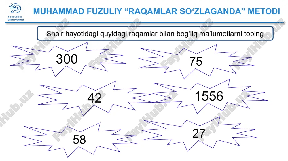ynan kimlardan so‘ramaslik ham anglashilib boradi. tazod – (arabcha – zidlash) badiiy tasvirning ta’sirchan va keng qo‘llanadigan vositalaridan. o‘zaro zid tushunchalarni ifodalovchi so‘z yoki iboralarni ishlatishda ko‘zga tashlanadi. “o‘landan so‘r” radifli g‘azali g‘azal baytlaridagi o‘zaro tazod hosil qilgan so‘z va ifodalarni yozing 2 1 3 4 5 6 7 ______________________________________________________ _______________________________________________________ ______________________________________________________ _______________________________________________________ _______________________________________________________ __________________________________________________________________________________________________________________________________ ________________________________________________________ “kerakmazmi sanga” radifli g‘azali g‘azal ishqiy mavzuda bitilgan bo‘lib, yetti baytdan iborat. vazni – ramali musammani mahzuf (yoki maqsur). taqtesi: - v - - / - v - - / - v - - / - v -. “kerakmazmi sanga” radifli g‘azali g‘azalda qo‘llangan qofiyadosh so‘zlarni toping va jadvalga joylang ________ ________ ________ ________ ________ ________ ________ ________ “kerakmazmi sanga” radifli g‘azali lirik qahramon bu g‘azalda undalmalardan ustalik bilan foydalanadi. izchil ravishda har baytda bittadan undalma qo‘llangan. har bir baytda qo‘llangan undalmalarni topib yozing. undalmalar: __________________________________________________________________________________________________________: so‘zlovchining nutqi qaratilgan shaxsni yoki narsani bildirgan so‘z …