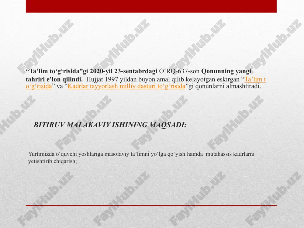 m tizimini yanada takomillashtirish maqsadida online ta’lim tizimi uchun maktab web-sayti olingan bitiruv malakaviy ishining predmeti: umumiy o’rta ta’lim maktablarida online tizimda ta’lim berishni tubdan isloh qilish. bitiruv malakaviy ishining tuzilishi va hajmi: kirish, uchta bob, o’nta ikkita paragraf, mehnat muxofazasi va texnika xavfsizligi, xulosa qismlarida yoritib berilgan bo’lib, foydalanilgan adabiyotlar ro’yxati va ilovalar ham keltirilgan. maktab saytining umumiy ko’rinishi maktab ustozlar jamoasi bo’limi sport va fan to’garaklari bo’limi savol va shikoyatlar bo’limi saytning footer qismi loyihaning kod qismi etiboringiz uchun rahmat! image2.png image3.png image4.png image5.png image6.png image7.png image8.png image9.png image10.png /docprops/thumbnail.jpeg
