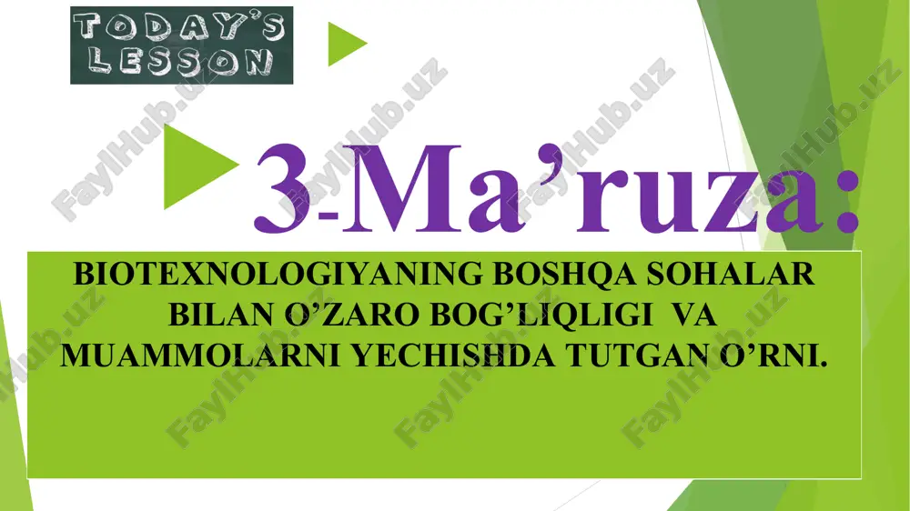 raqqiy qilgan soha bo’lib, farmasevtika sanoati davlat aksionerlik konserniga qaraydi. ayniqsa, u aqsh da, angliyada, yaponiyada, fransiyada, italiyada keng taraqqiy etgan. masalan, aqsh da har yili 100 millionlab dollarga sotiladigan miqdorda antibiotiklar ishlab chiqariladi. antibiotiklarni sanoat usulida tayyorlash - murakkab, ko’p bosqichli bo’lib, bir qancha texnologik ketma-ketlikni o’z ichiga oladi 2 1 3 4 antibiotikani biosinteziga mo’tadil sharoit yaratish kultural suyuqlikga birlamchi ishlov berish antibiotik moddalarni ajratish va uni tozalash tayyor maxsulotni ajratish, tozalash va dori shaklida sotishga tayyorlash garmonlar nafaqat tibbiyotda, balki chorvachilikda ham keng ishlatiladi. tabiatda ikki xil garmonlar uchraydi: oqsil - peptid va steroid tabiatli garmonlar. birinchi guruh garmonlar har xil uzunlikka ega bo’lgan peptidlardan tashkil topgan bo’lsa, ikkinchi guruh garmonlar – steroidlardan tashkil topgandir. biotexnologik usullardan foydalanib –fermentlar; ingibitorlardan; v - glyukozidazalar, amilazalar; proteaza qon faktoralari (to’qima plazmigarmonlar aktivatori, odam qoni albumin zardobi, garmonlar (insulin, proinsulin, interferonlar, inson o’sishiga garmon, samototropin) va boshqalar olinadi. fermentlar ishlab …