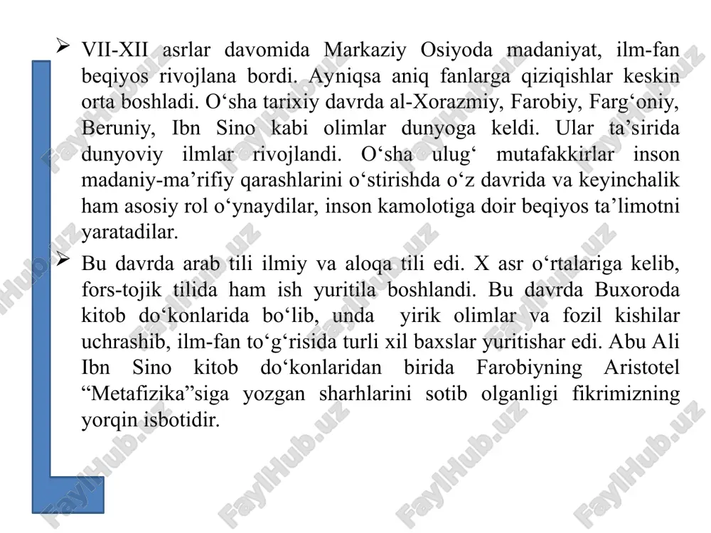 ika-tibbiyot yo‘nalishi bo‘lib, bularga matematika, astronomiya, kimyo, geografiya, mineralogiya, tibbiyot, dorishunoslik kabi fanlar kiritilib, al-xorazmiy, ahmad farobiylar matematikaga oid, zakariyo ar-roziy, kimyo va tibbiyotga oid ibn sino tibbiyot va falsafa, beruniy tibbiyotga oid, jurjoniy tibbiyot va falsafaga oid yirik asarlar yaratdilar. ikkinchi yo‘nalish ijtimoiy-falsafiy yo‘nalish bo‘lib, bunda falsafa, tarix, mantiq, ruhshunoslik, notiqlik va boshqa fanlar bo‘lib, bu sohada farobiy, al-kixdiy, ibn sino, muhammad narshahiy kabilar faoliyat ko‘rsatgan. yuqorida aytib o‘tilgan olimlar qomusiy olimlardir. uchinchi yo‘nalish ta’limiy-ahloqiy yo‘nalish bo‘lib, bu sohada qomusiy olimlar o‘z qarashlarini ijtimoiy-falsafiy va ilmiy asarlari tarkibida yoki ahloqiy asarlarida bayon etganlar. sharq uyg‘onish davrida inson muamosi ma’naviy sohasidagi asosiy masala bo‘lgan. shuning uchun ham ta’lim-tarbiya masalasiga katta e’tibor berilgan, yaratilgan asarlarda sharqqa xos bo‘lgan insonning axloqiy-ruhiy kamolotini ulug‘lash etakchi o‘rin tutgan. mazkur ta’limiy-axloqiy asarlarda insonning ma’naviy kamolga etishi yuksak xulq-odob, ilm-fanni egallashi asosidagina amalga oshishi mumkin degan g‘oya ilgari surildi. ilmiy bilimga asoslanuvchi metod shakllandi, natijada aqliy …