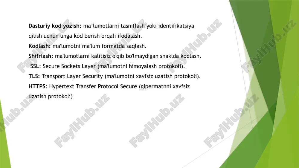 keng tarqalgan kodlash uslubiga ascii (american standard code for information interchange – axborot almashish uchun amerika standart kodi) kiradi. ascii 0 dan 255 gacha boʻlgan 256 kodni oʻz ichiga oladi. ascii – kod jadvalining majmuasi (subset): www.ascii-code. com image1.png image2.png image3.png image4.png /docprops/thumbnail.jpeg