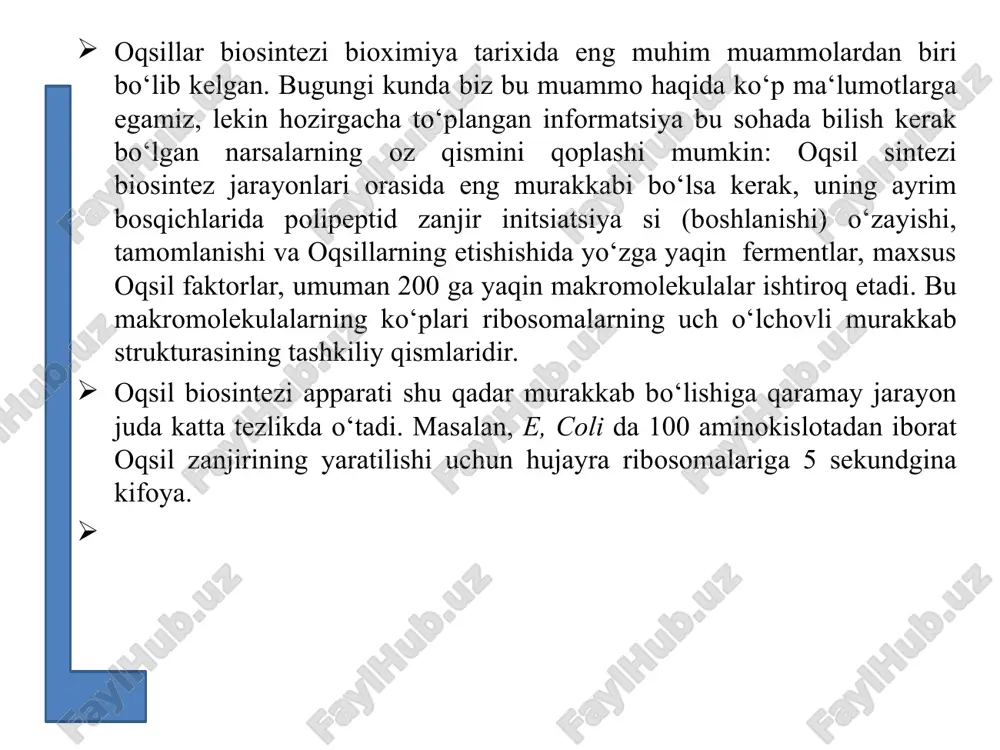 dilar. undan keyingi yillarda nirenberg, korango va xolli dekodirlash rnk antikodonini mrnk ning tegishli kodoni tomonidan spetsifik bog’lanishida yuzaga chiqishini va kod (aminokislotani nukleotidlar tilidagi shifri, ramzi) triplet tabiatiga ega ekanligini tasdiqladilar. biologik kod ta‘limotiga binoan nuklein kislotalarda har bir aminokislotani taniydigan, va tanlab tashishda vositachilik qiladigan nukleotidlar kombinatsiyasi mavjudki, aminokislota o‘zining kodi bilan bevosita bog‗lanmasa ham, shu kodga komplementar, antikodon deb ataladigan, nukleotidlar kombinatsiyasiga ega nuklein kislota bilangina munosabatga kiradi. har bir aminokislotani o‘zi uchun maxsus kodoni mavjud bo‘lishi shart, shundagina adashtirmay ular bilan aloqaga kiradi. oqsil molekulasiga kiradigan aminokislotalar kamida 20 xil bo‘lganidan kodonlar soni ham 20 dan kam bo‘lishi mumkin emas. demak 4 nukleotidning o‘zi, yoki ikkita nukleotidlardan hosil bo‘ladigan 16 (42) kombinatsiya ham yotarli emas, turli tadqiqot va mulohazalardan so‘ng kod uch nukleotiddan iborat triplet tabiatiga ega ekanligi aniqlandi. albatta bunda hosil bo‘ladigan kombinatsiyalar soni 64 (43), kodirlanadigan aminokislotalar sonidan ancha ko‘p, lekin ma‘lum bo‘lishicha 20 …