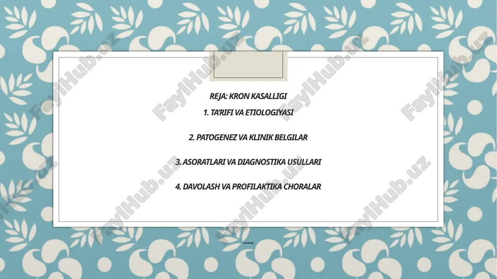 qavatlarini qamrab teshiklar, chandiqlar va surunkali abssesslar hosil qiladi. koʻp yadroli ulkan epitelial hujayralardan iborat granulomalar 60% bemorlarda uchraydi. bunday granulomalar shilliq osti qavatida, baʼzida seroz osti, muskul qavati va regional limfa bezlarda topiladi. 4. kron kasalligi boʻyicha operatsiya davrida ichak devorining qalinlashganligi, seroz osti tomirlarning kengayganligi, qattiqlashganligi va torayganligini hisobga olgan holda, yalligʻlanishning uzunligini oson aniqlab ola oladi. lekin, bazida yalligʻlanish segmentar xususiyatga ega boʻladi. patogenizi. ichak devorlarining fibroz oʻsmasi koʻrinishida qalinlashuvi, yon atrofidagi aʼzolar bilan (ingichka ichak, meda, ut kopi, siydik naylari, siydik qopi va boshqa aʼzolarga yondashganligi sababli boʻladigan oqmalar, kasallikning oshkozon va ichak tizimida keng tarqalganligidan dalolat beradi. yoʻgʻon ichakdagi infiltratsion oʻzgarish – segmentar, koʻp segmentar, ichaklarning bir necha joyida, tarkqoq (total), yonbosh ichakdagi (ileokolit) va meʼda ichak tizimining boshqa qismlarida uchraydi. ichak devorlaridagi, koʻndalang koʻplamchi chukur joylashgan yaralarning yorilishi natijasida, ular oralarida qalinlashgan, notekis joylashgan, shillik qavatidagi burmalarda shish shaklida namoyon boʻladi. klinikasi. kron kasalligi, …